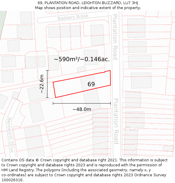 69, PLANTATION ROAD, LEIGHTON BUZZARD, LU7 3HJ: Plot and title map