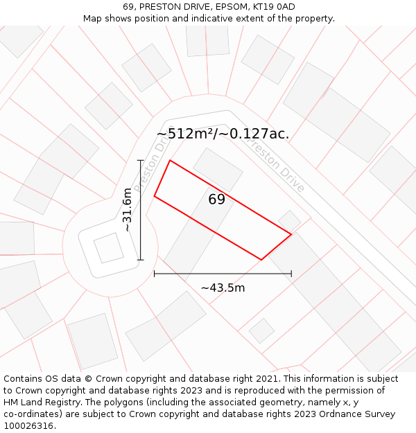 69, PRESTON DRIVE, EPSOM, KT19 0AD: Plot and title map