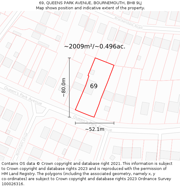 69, QUEENS PARK AVENUE, BOURNEMOUTH, BH8 9LJ: Plot and title map