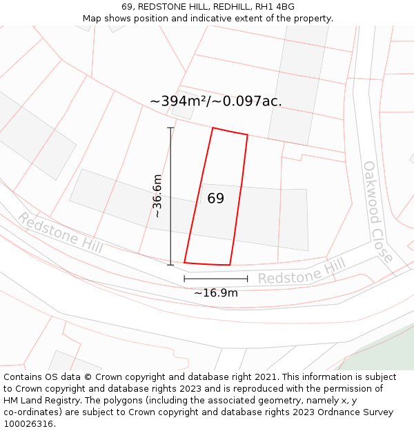 69, REDSTONE HILL, REDHILL, RH1 4BG: Plot and title map