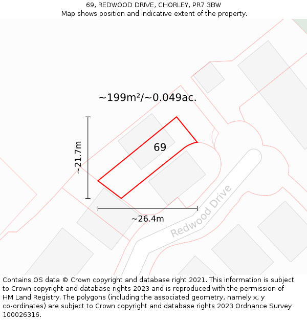 69, REDWOOD DRIVE, CHORLEY, PR7 3BW: Plot and title map