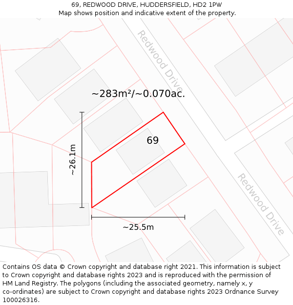 69, REDWOOD DRIVE, HUDDERSFIELD, HD2 1PW: Plot and title map