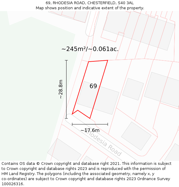 69, RHODESIA ROAD, CHESTERFIELD, S40 3AL: Plot and title map