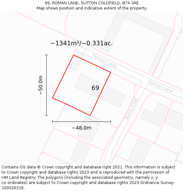 69, ROMAN LANE, SUTTON COLDFIELD, B74 3AE: Plot and title map