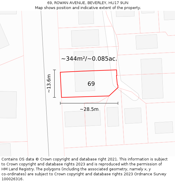 69, ROWAN AVENUE, BEVERLEY, HU17 9UN: Plot and title map