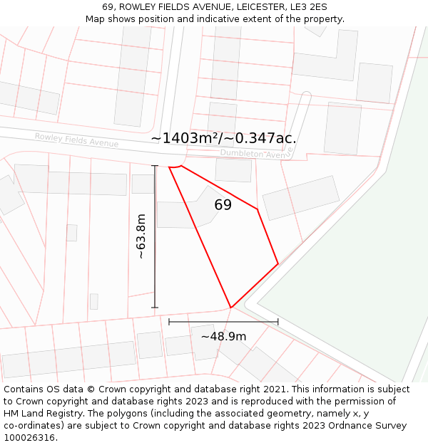 69, ROWLEY FIELDS AVENUE, LEICESTER, LE3 2ES: Plot and title map