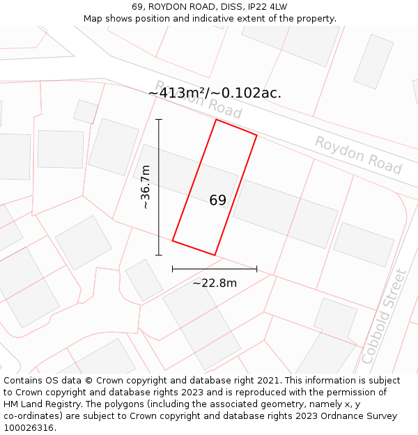 69, ROYDON ROAD, DISS, IP22 4LW: Plot and title map