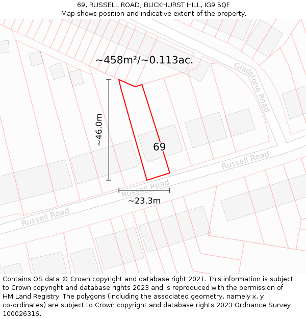 69, RUSSELL ROAD, BUCKHURST HILL, IG9 5QF: Plot and title map