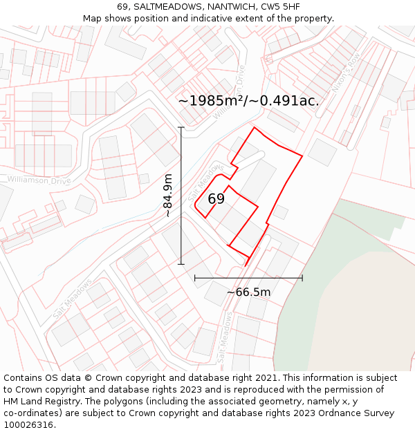 69, SALTMEADOWS, NANTWICH, CW5 5HF: Plot and title map