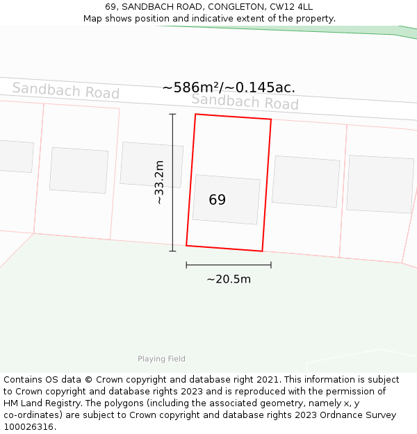 69, SANDBACH ROAD, CONGLETON, CW12 4LL: Plot and title map