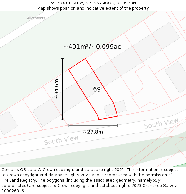 69, SOUTH VIEW, SPENNYMOOR, DL16 7BN: Plot and title map