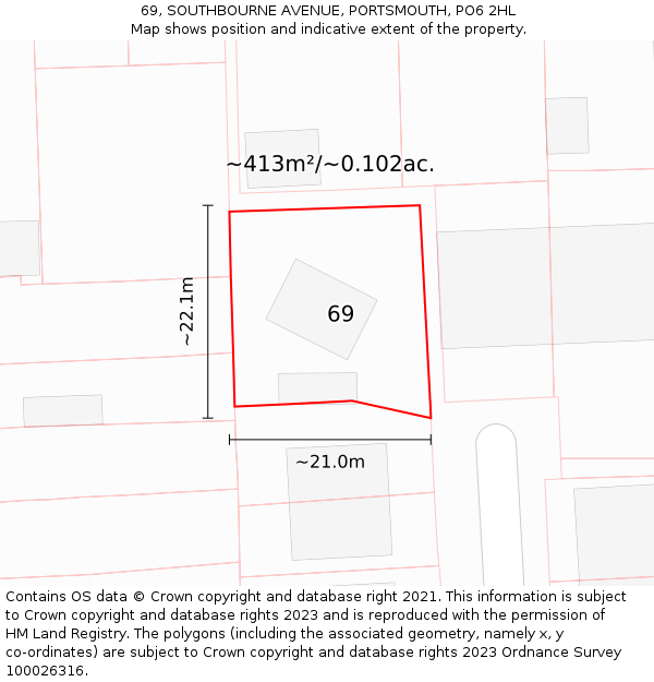 69, SOUTHBOURNE AVENUE, PORTSMOUTH, PO6 2HL: Plot and title map