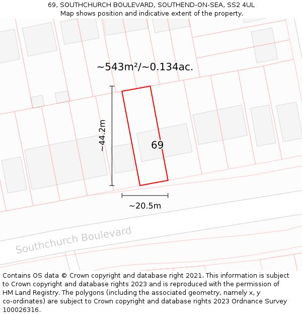69, SOUTHCHURCH BOULEVARD, SOUTHEND-ON-SEA, SS2 4UL: Plot and title map