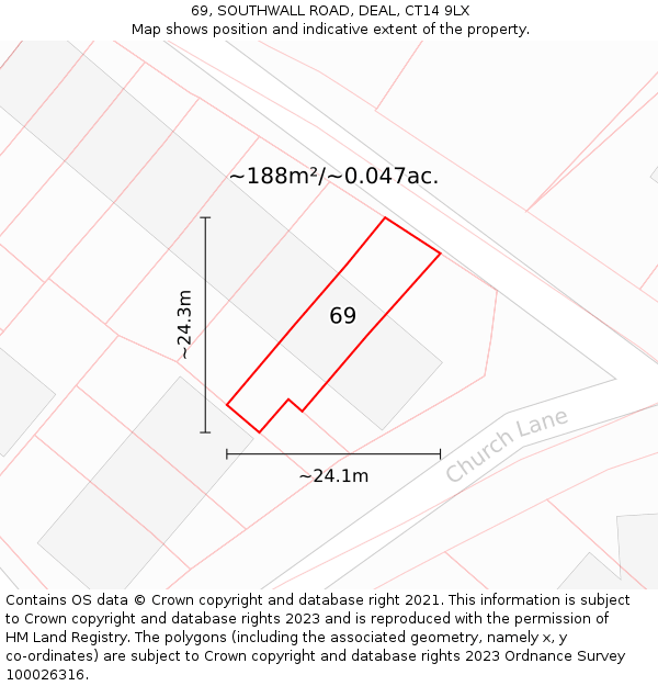 69, SOUTHWALL ROAD, DEAL, CT14 9LX: Plot and title map