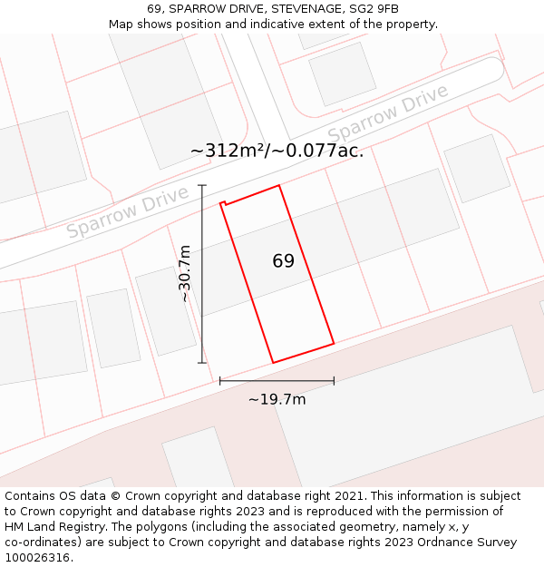 69, SPARROW DRIVE, STEVENAGE, SG2 9FB: Plot and title map