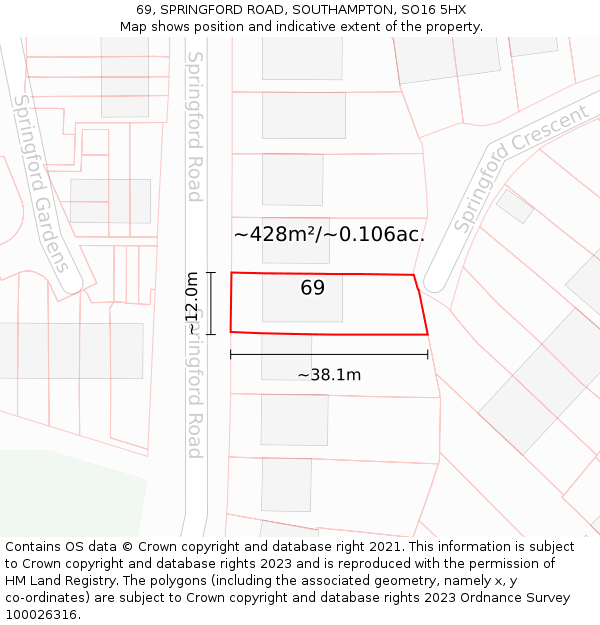 69, SPRINGFORD ROAD, SOUTHAMPTON, SO16 5HX: Plot and title map