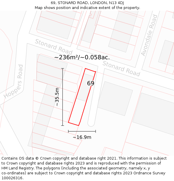 69, STONARD ROAD, LONDON, N13 4DJ: Plot and title map