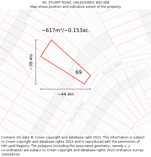 69, STUART ROAD, HALESOWEN, B62 0EB: Plot and title map