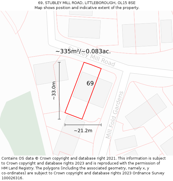 69, STUBLEY MILL ROAD, LITTLEBOROUGH, OL15 8SE: Plot and title map