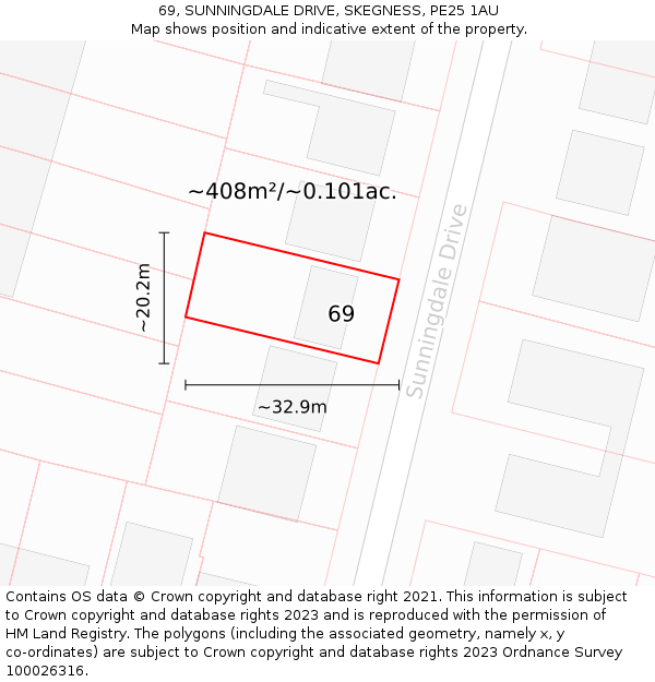 69, SUNNINGDALE DRIVE, SKEGNESS, PE25 1AU: Plot and title map