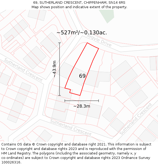 69, SUTHERLAND CRESCENT, CHIPPENHAM, SN14 6RS: Plot and title map