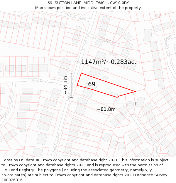 69, SUTTON LANE, MIDDLEWICH, CW10 0BY: Plot and title map