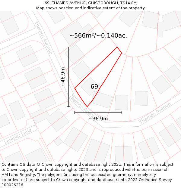 69, THAMES AVENUE, GUISBOROUGH, TS14 8AJ: Plot and title map