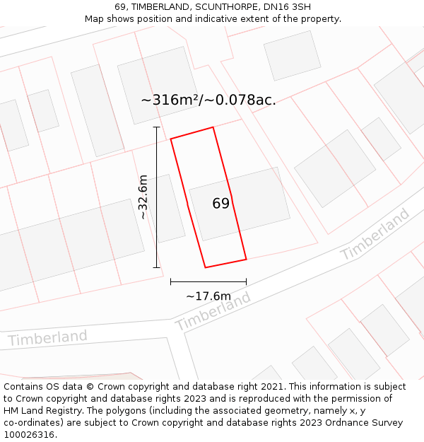 69, TIMBERLAND, SCUNTHORPE, DN16 3SH: Plot and title map