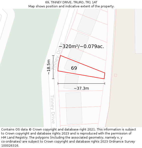 69, TINNEY DRIVE, TRURO, TR1 1AT: Plot and title map