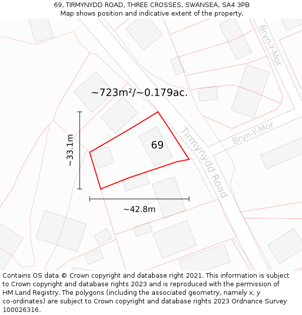 69, TIRMYNYDD ROAD, THREE CROSSES, SWANSEA, SA4 3PB: Plot and title map