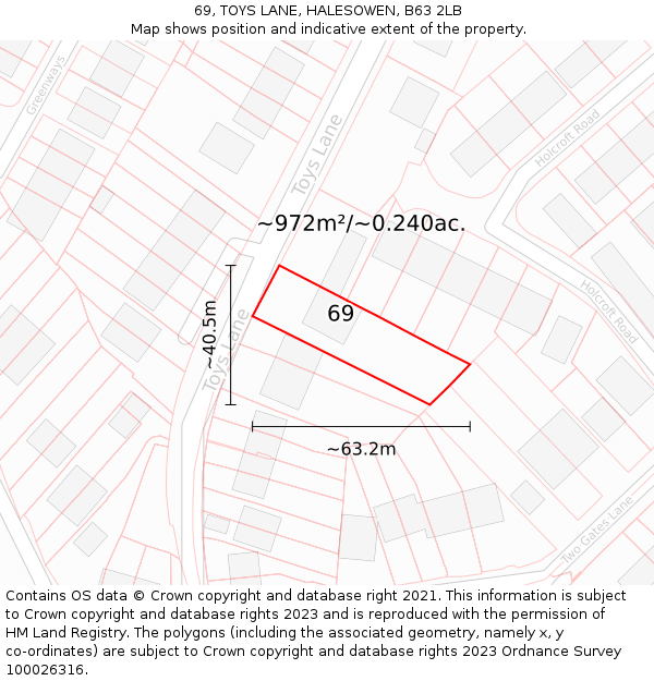 69, TOYS LANE, HALESOWEN, B63 2LB: Plot and title map