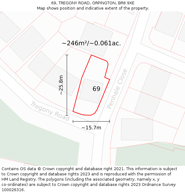 69, TREGONY ROAD, ORPINGTON, BR6 9XE: Plot and title map