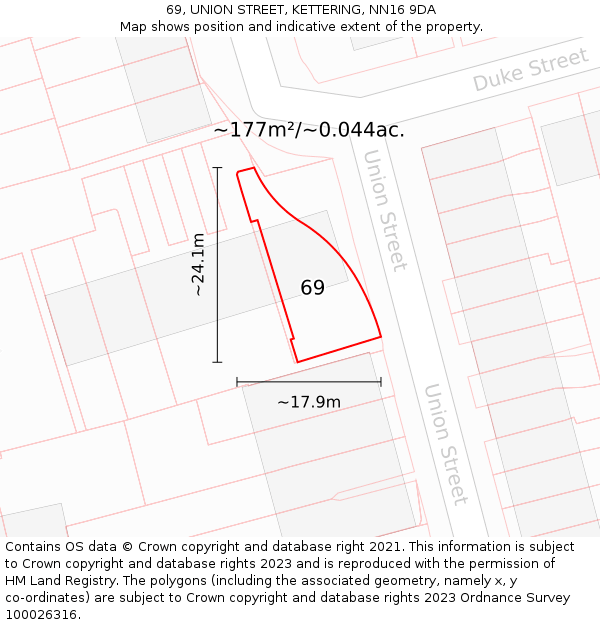 69, UNION STREET, KETTERING, NN16 9DA: Plot and title map