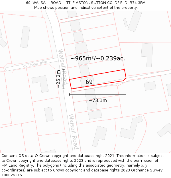 69, WALSALL ROAD, LITTLE ASTON, SUTTON COLDFIELD, B74 3BA: Plot and title map