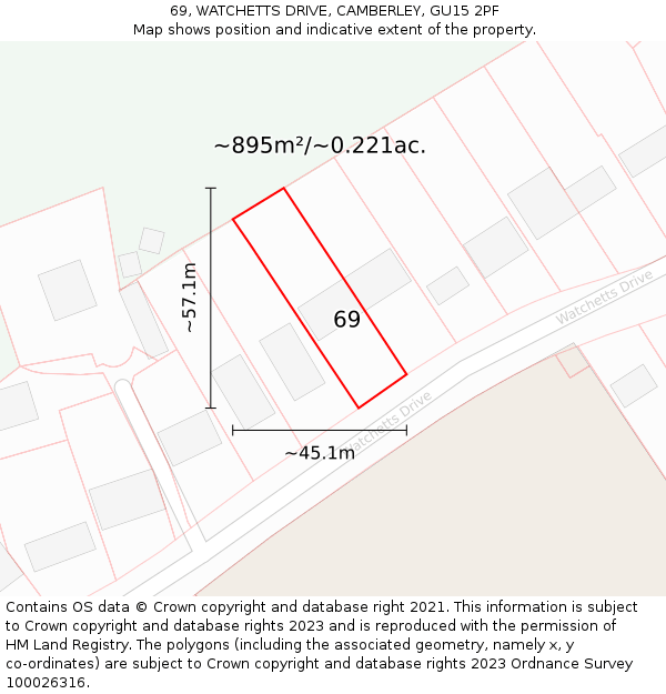 69, WATCHETTS DRIVE, CAMBERLEY, GU15 2PF: Plot and title map