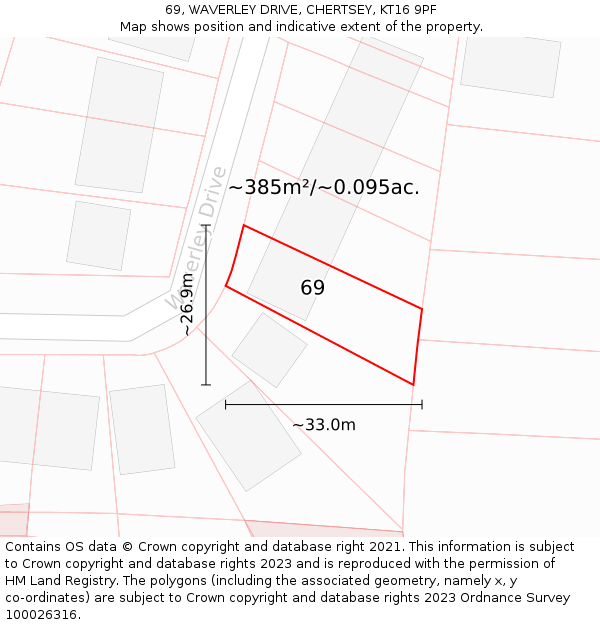 69, WAVERLEY DRIVE, CHERTSEY, KT16 9PF: Plot and title map