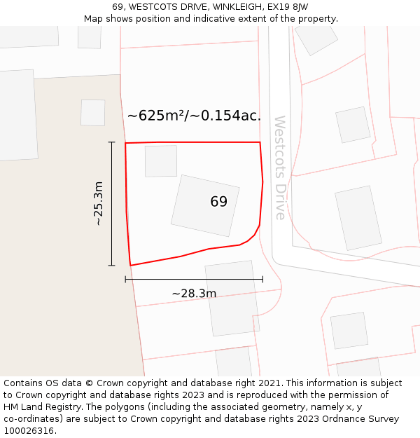 69, WESTCOTS DRIVE, WINKLEIGH, EX19 8JW: Plot and title map
