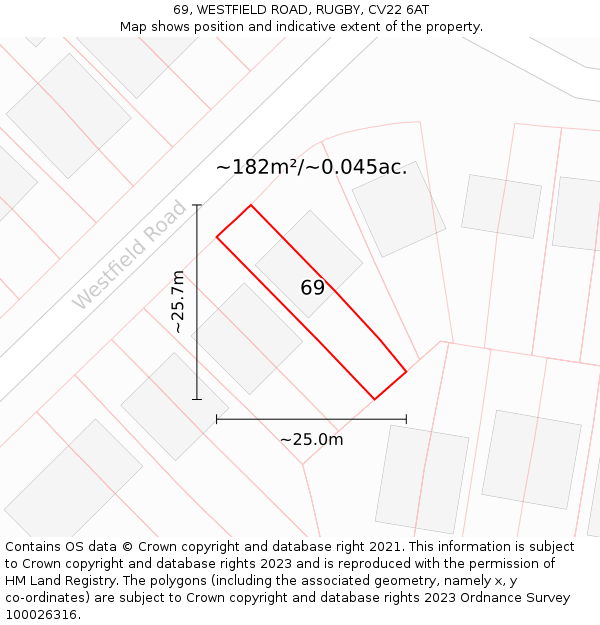 69, WESTFIELD ROAD, RUGBY, CV22 6AT: Plot and title map