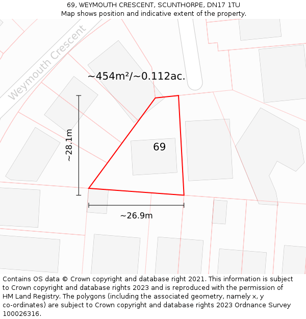 69, WEYMOUTH CRESCENT, SCUNTHORPE, DN17 1TU: Plot and title map