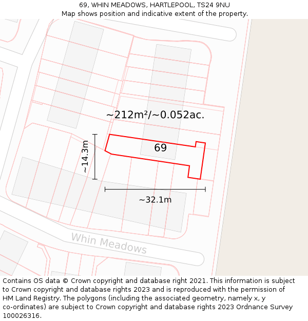 69, WHIN MEADOWS, HARTLEPOOL, TS24 9NU: Plot and title map
