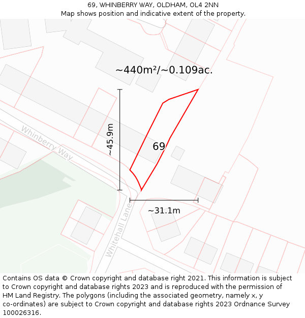 69, WHINBERRY WAY, OLDHAM, OL4 2NN: Plot and title map
