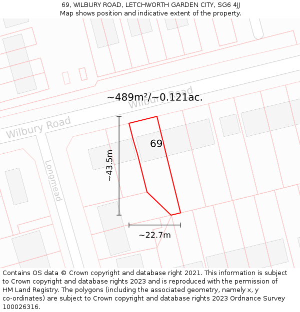 69, WILBURY ROAD, LETCHWORTH GARDEN CITY, SG6 4JJ: Plot and title map