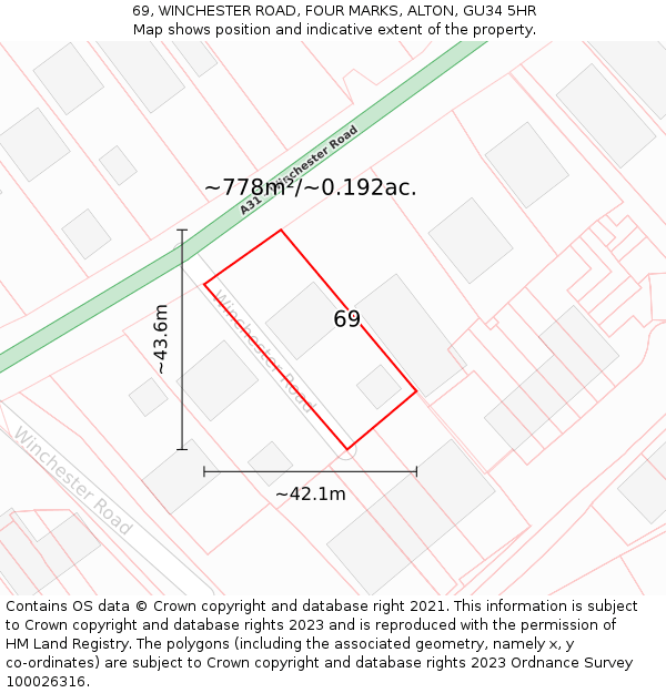 69, WINCHESTER ROAD, FOUR MARKS, ALTON, GU34 5HR: Plot and title map