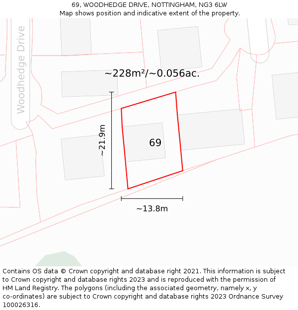 69, WOODHEDGE DRIVE, NOTTINGHAM, NG3 6LW: Plot and title map