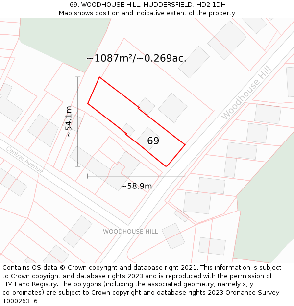 69, WOODHOUSE HILL, HUDDERSFIELD, HD2 1DH: Plot and title map