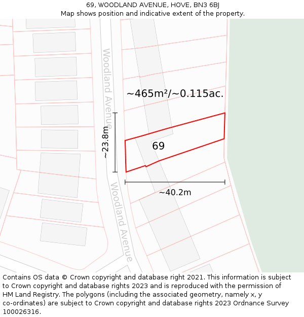 69, WOODLAND AVENUE, HOVE, BN3 6BJ: Plot and title map