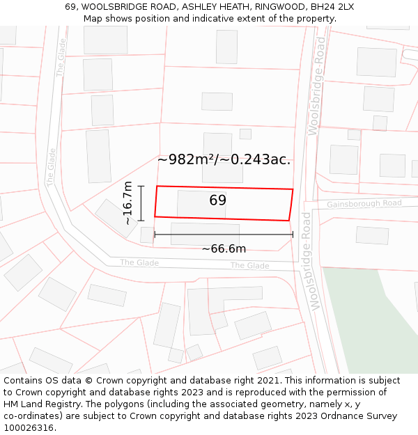 69, WOOLSBRIDGE ROAD, ASHLEY HEATH, RINGWOOD, BH24 2LX: Plot and title map