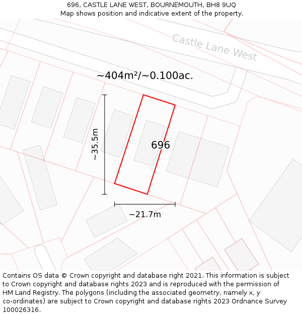 696, CASTLE LANE WEST, BOURNEMOUTH, BH8 9UQ: Plot and title map