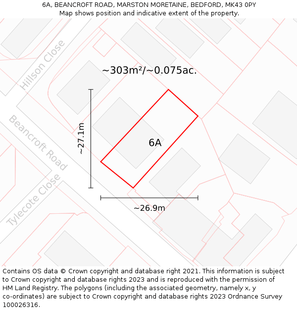 6A, BEANCROFT ROAD, MARSTON MORETAINE, BEDFORD, MK43 0PY: Plot and title map