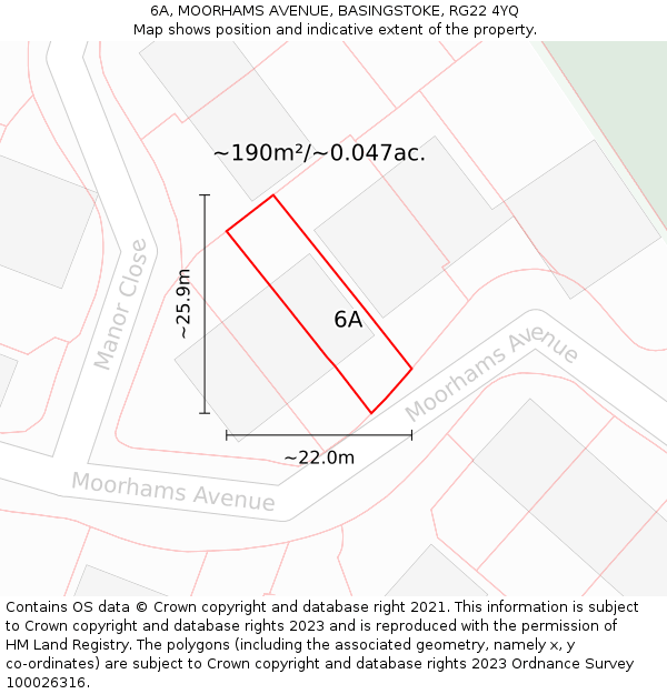 6A, MOORHAMS AVENUE, BASINGSTOKE, RG22 4YQ: Plot and title map